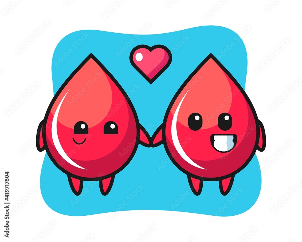 Fototapeta premium Blood drop cartoon character couple with fall in love gesture