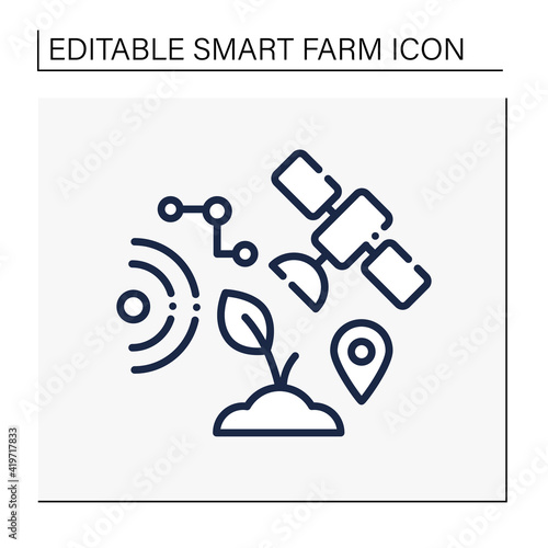 GPS geofencing line icon. Creating virtual farm fields map devices. Using satellites for observation of plants. Smart farming concept. Isolated vector illustration. Editable stroke