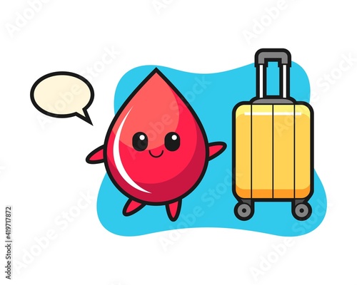 Blood drop cartoon illustration with luggage on vacation
