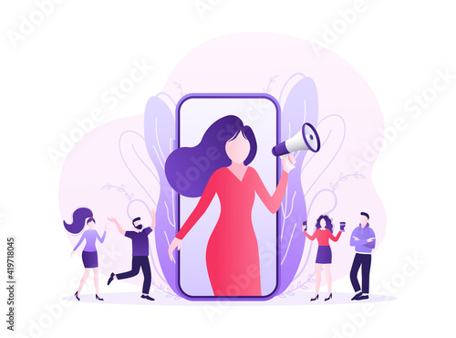 Flat advertising. Social media marketing. Phone icon vector. Flat advertising with people smartphone megaphone.