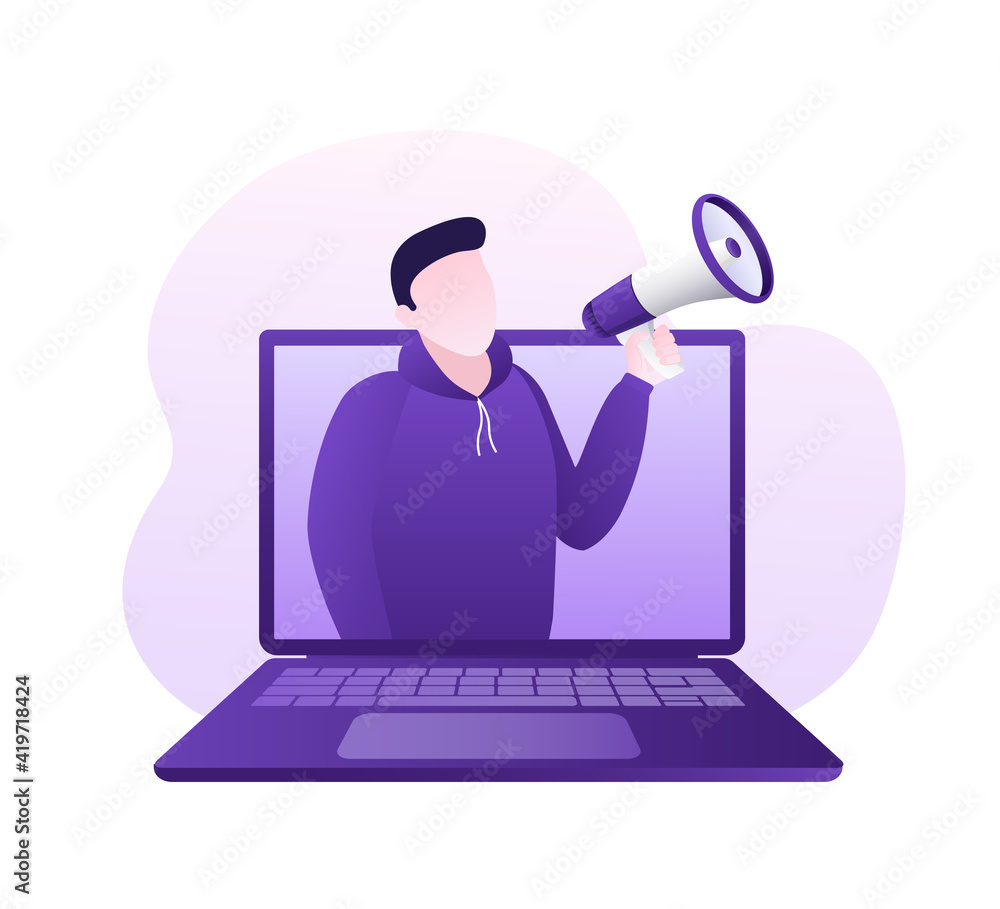 Man with megaphone in retro style on yellow background. Man with megaphone, great design for any purposes. Vector illustration. Man with megaphone in retro style on yellow background. Man with megaphone, great design for any purposes. Vector illustration.
