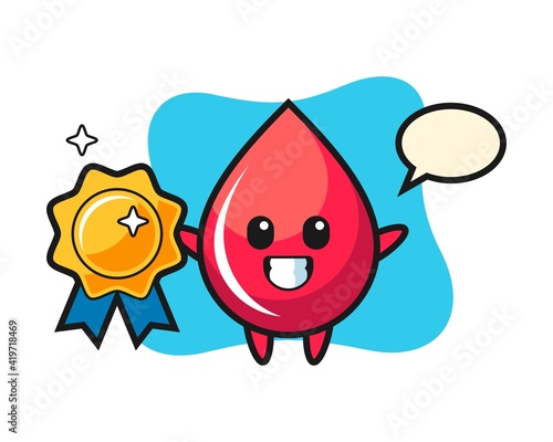 Blood drop mascot illustration holding a golden badge