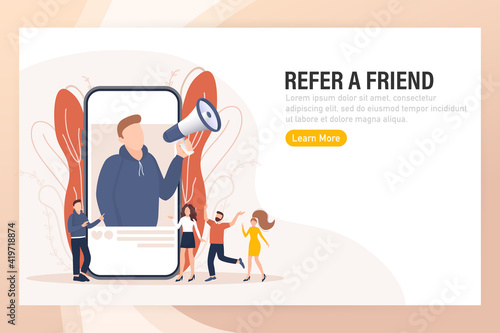 Flat icon with megaphone people refer friend. Poster, banner. Flat isometric vector illustration. 3d vector illustration.