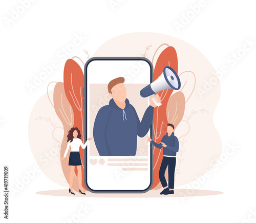 Flat advertising with people smartphone megaphone. Flat advertising. Social media marketing. Phone icon vector.