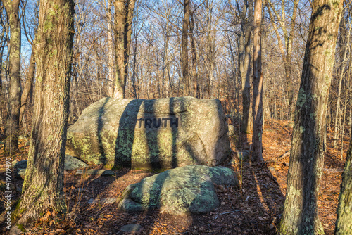 USA, Massachusetts, Cape Ann, Gloucester. Dogtown Rocks, inspirational saying carved on boulders in the 1920's, now in a pubic city park, 'Truth'.