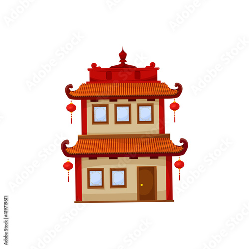 Chinese building with lanterns on roof, facade exterior design isolated icon. Vector China house paper home in oriental style, flat cartoon. Traditional Chinatown ancient asian architecture structure