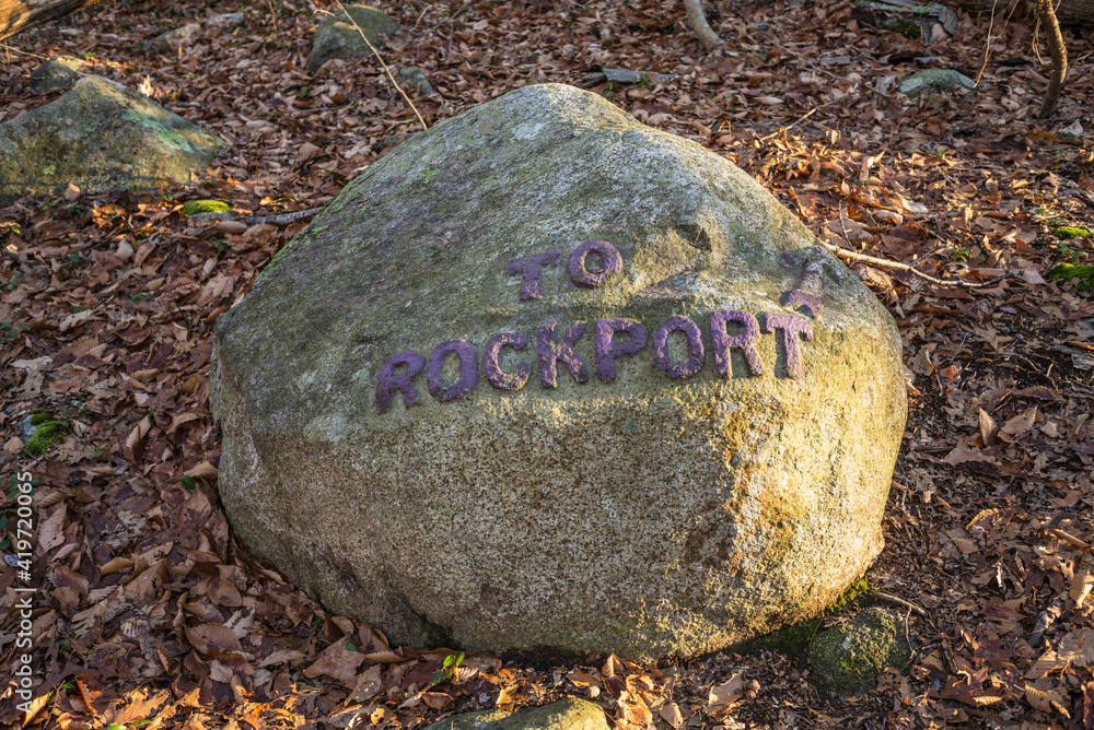 USA, Massachusetts, Cape Ann, Gloucester. Dogtown Commons, carved sign for Rockport trail USA, Massachusetts, Cape Ann, Gloucester. Dogtown Commons, carved sign for Rockport trail