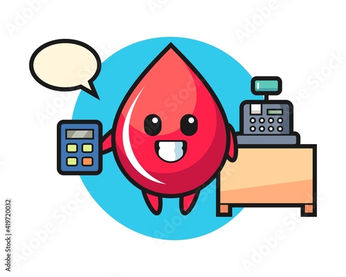 Illustration of blood drop character as a cashier