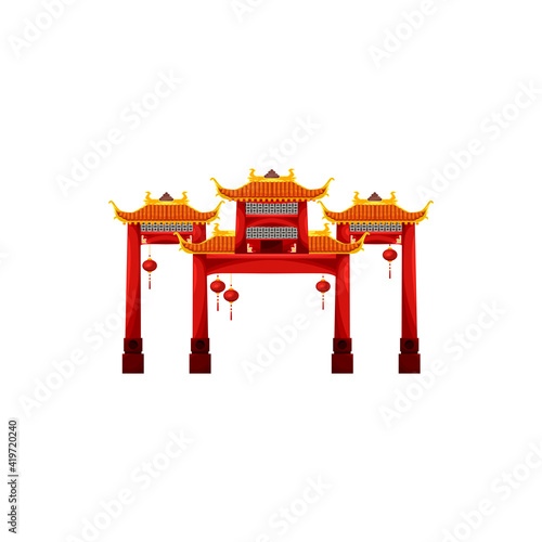 Entrance with roof isolated Chinese, korean or Japanese gate building decorated by hanging lanterns. Vector ancient asian temple entrance design. Chinatown door, ornaments with dragon, oriental style