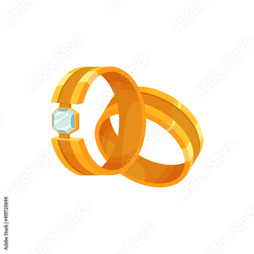 Golden wedding rings with decor of diamond carat isolated. Vector gold jewelry with diamond, engagement matrimony treasure. Husband and wife, bride and groom decorative accessory, marriage gift