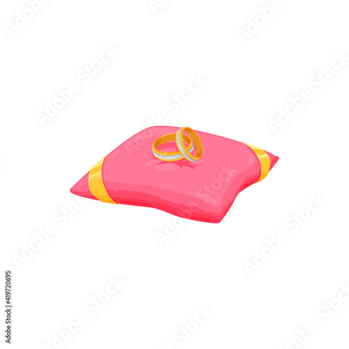 Engagement rings on satin pink pillow with tassel isolated wedding salon emblem. Vector royal soft pillow with jewelry, pair of crossed gold rings with diamond, symbol of love, matrimony and proposal