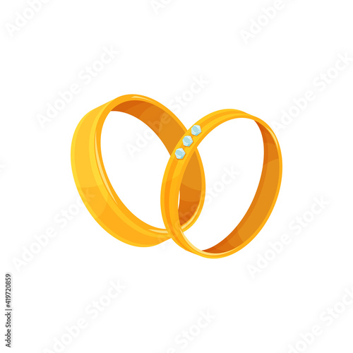 Golden wedding rings with decor of diamond germs isolated icon. Vector jewelry with diamonds brilliant decoration. Fashionable expensive cartoon rings with gemstone. Engagement matrimony treasure sign