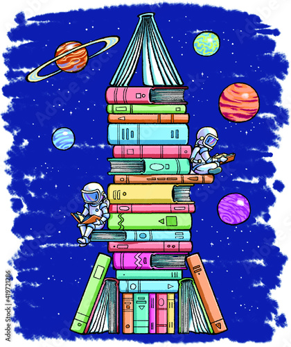 Spacemen reading on a rocket made of books