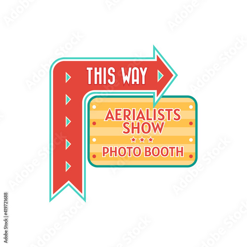 Aerialists show and photo booth pointer in circus isolated this way arrow. Vector signboard pointing direction to acrobats and gymnasts performance, aerial tricks entertainment and photo making cabin