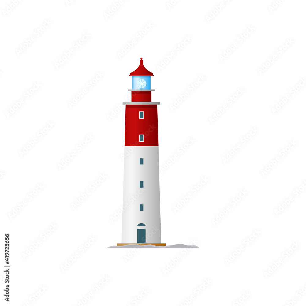 Marine lighthouse isolated tower building. Vector navigational nautical construction with signal on top. Sea navigation beacon tower with searchlight lamp, seafarer navigation equipment symbol