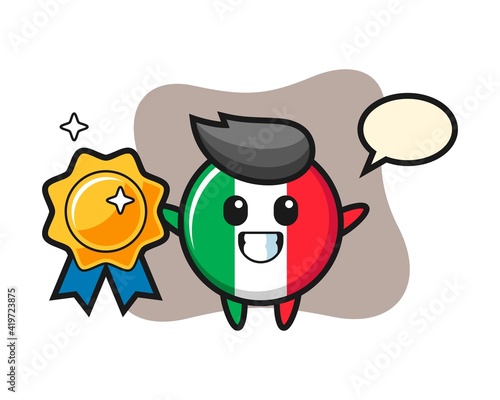 Italy flag badge mascot illustration holding a golden badge