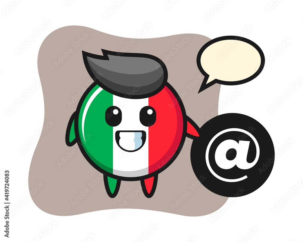 Cartoon illustration of italy flag badge standing beside the At symbol Cartoon illustration of italy flag badge standing beside the At symbol