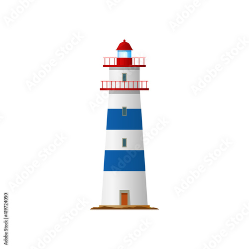 Tower with beacon light on top isolated retro building. Vector lighthouse, marine navigation symbol, beacon building with guide beam of searchlight. Marine navigational tower with balustrade fence
