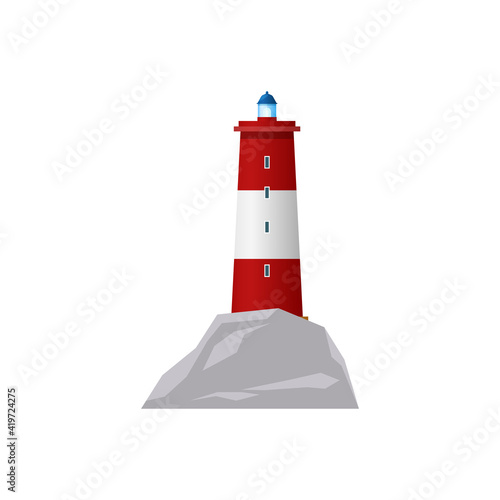Nautical red striped tower isolated construction icon. Vector tall lighthouse, retro beacon, sea nautical navigation building design. Guide beam of searchlight, marine navigational equipment