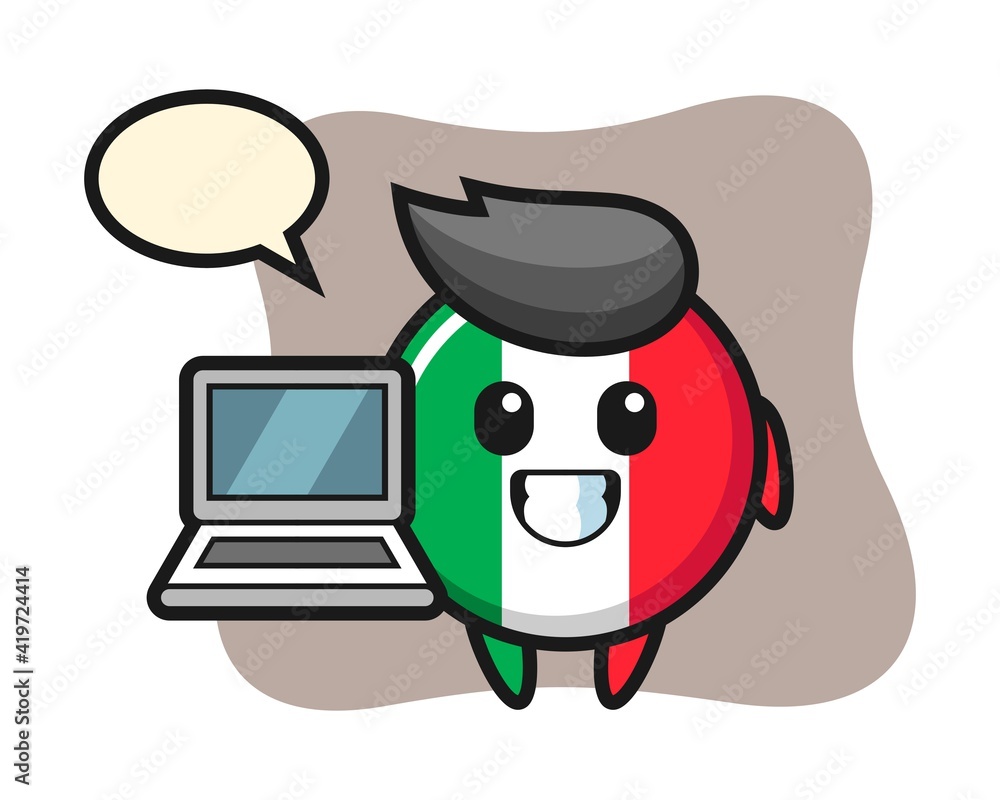Obraz premium Mascot illustration of italy flag badge with a laptop