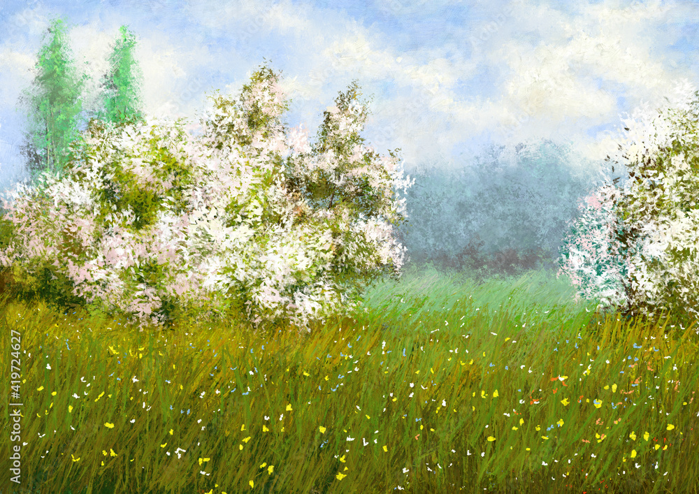 Oil paintings rural landscape, flowers in the field, spring meadow with flowers