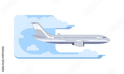 Jet plane in stylized blue sky vector illustration