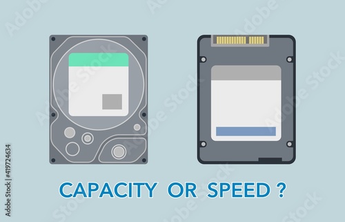 Hard disk drive and solid state drive hardware vector illustration. hdd vs ssd comparing between hardware, capacity or speed.