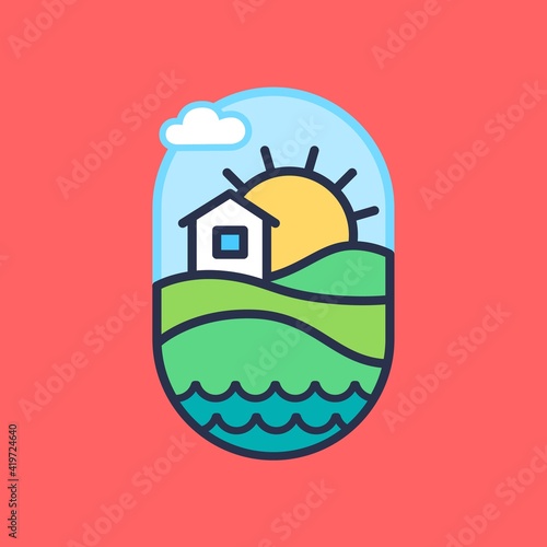 Minimalistic ellipse icon with stylized image of urban rural lifestyle on red background. Design element. Vector illustration.