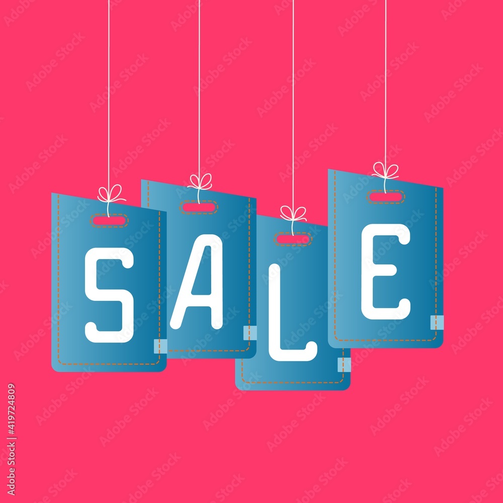 Blue stylized paper SALE labels on red background. Sale tags with white text. Blue stylized paper SALE labels on red background. Sale tags with white text.