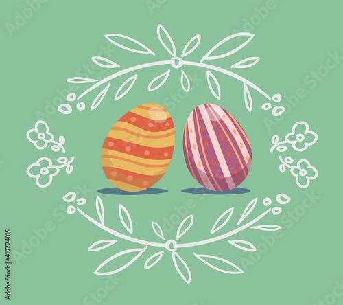 Painted eggs with hand-painted flower and flowering branch symbols on a light green background. Flat style vector illustration.
