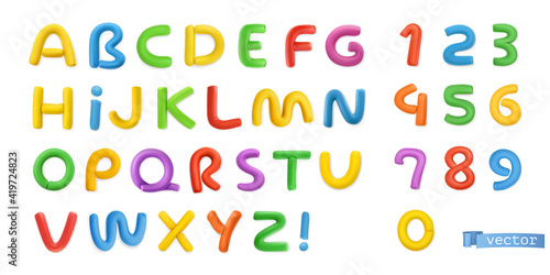 Funny plasticine, alphabet letters and numbers 3d vector realistic set