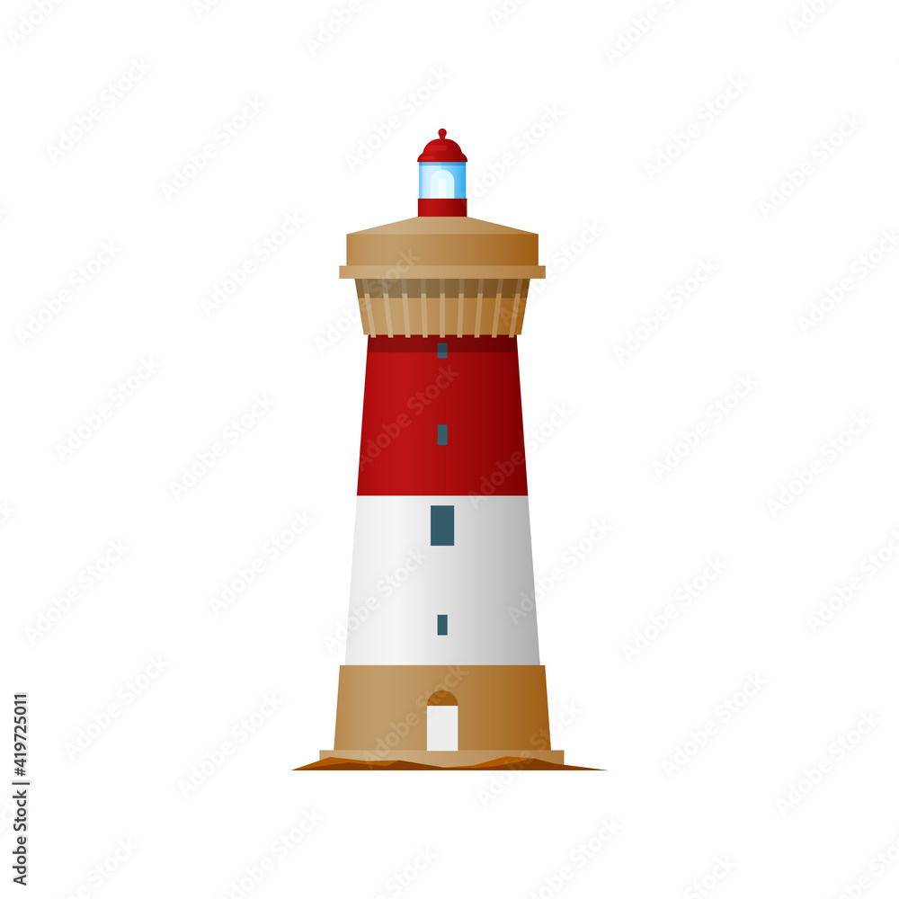 Lighthouse or light house and sea bacon, beach vintage old nautical shore and storm building, vector. Coast navigation ocean tower, lighthouse or signal beacon, marine and ship travel searchlight icon