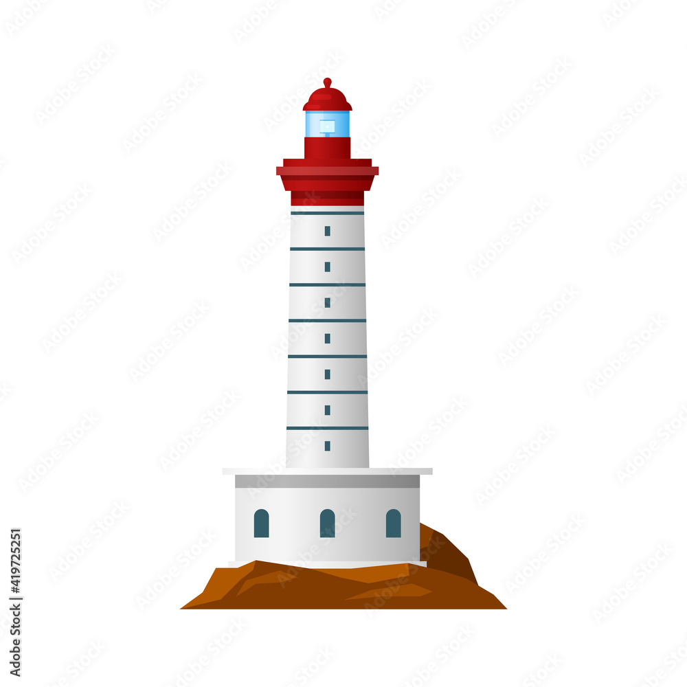 Lighthouse or coast night sign, light house sea beacon, vector coastal tower. Beach and harbor port lighthouse with light beam signal for safety ship sailing, red and white building on shore cliff