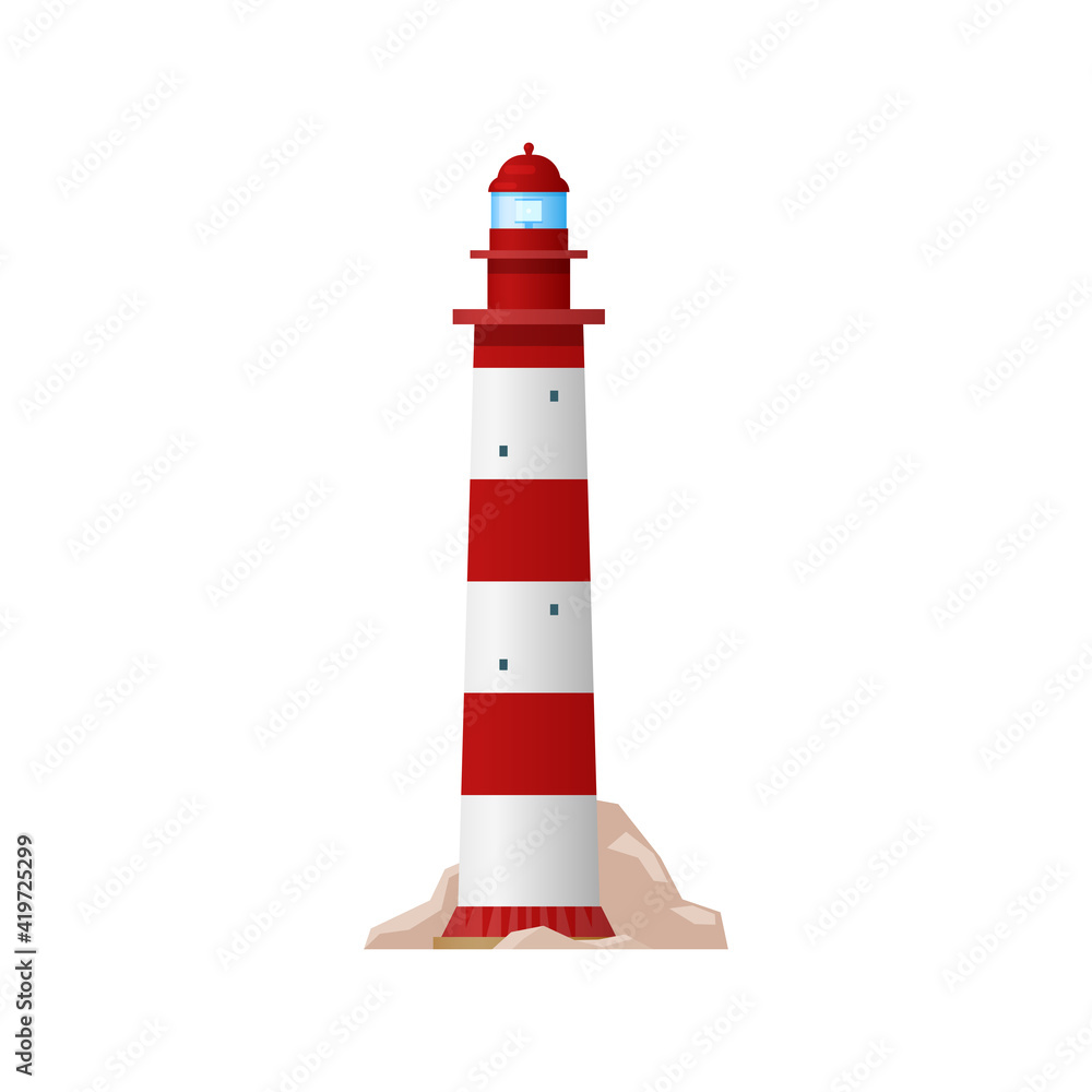 Lighthouse, sea beacon tower light or searchlight coastal light house, vector. Coast night signal, port guide for ship safety sailing and navigation, white and red lighthouse tower, isolated flat icon Lighthouse, sea beacon tower light or searchlight coastal light house, vector. Coast night signal, port guide for ship safety sailing and navigation, white and red lighthouse tower, isolated flat icon