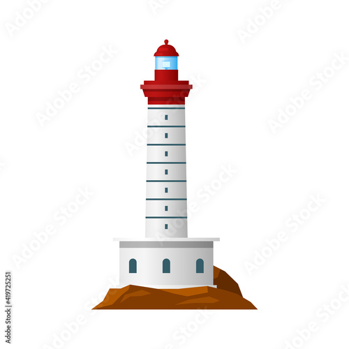 Lighthouse or coast night sign, light house sea beacon, vector coastal tower. Beach and harbor port lighthouse with light beam signal for safety ship sailing, red and white building on shore cliff