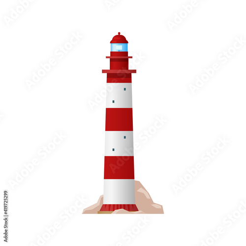 Lighthouse, sea beacon tower light or searchlight coastal light house, vector. Coast night signal, port guide for ship safety sailing and navigation, white and red lighthouse tower, isolated flat icon