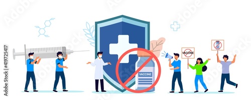 Anti vaccination protest Flat vector illustration Vaccine refusal Mandatory immunization Vaccination hesitancy No vax concept Patients with doctor and nurse insisting on need for preventive medicine