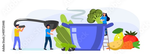Cooking soup Tiny people standing by huge saucepan Flat vector illustration for poster banner website Small men and women putting slices of vegetables to pot Healthy organic eat 