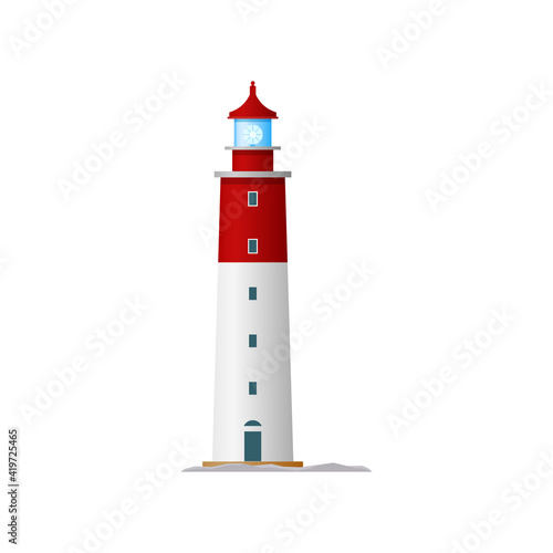 Lighthouse beacon tower, nautical sea searchlight on coast, vector light house isolated icon. Port guide and harbor ship radar, marine navigation and sailing direction safety signal light beam tower
