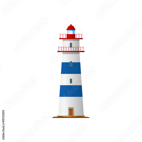 Lighthouse, nautical sea tower or light house beacon, vector coast navigation and sailing warning signal. Ocean marine guide and ship direction searchlight, isolated flat