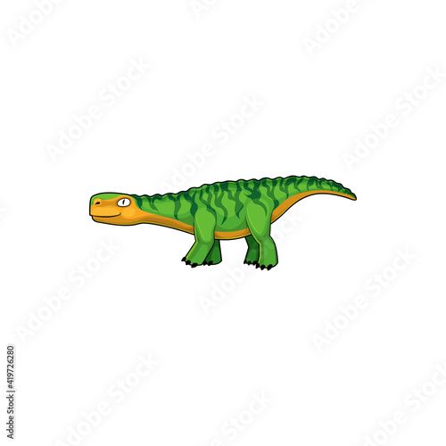 Green childish dino  dinosaur animal with stripes on back isolated icon. Vector Apatosaurus species Brontosaurus excelsus  big thunder lizard in cartoon style. Brontosaurus childish tyrannosaurus