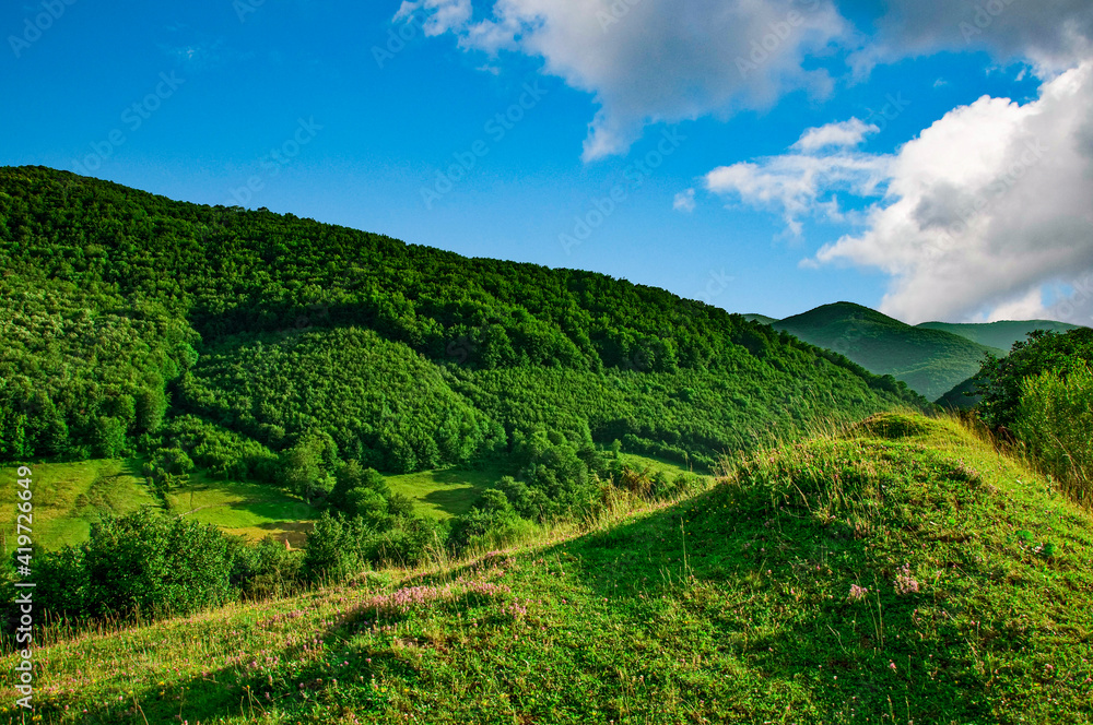 the mountain green valley with blue sky
