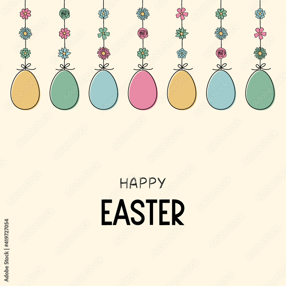 Concept of Easter greeting card with hanging eggs. Vector