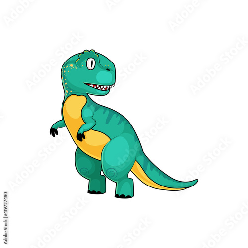 T-rex green dinosaur isolated cartoon Tyrannosaurus. Vector theropod dino animal, parasaurolophus full length animal with short front legs. Prehistoric extinct animal, robot dinosaur gigantic model
