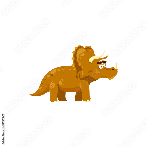 Dinosaur cartoon prehistoric horned animal isolated dino with three horns. Vector cartoon kind triceratops  horned dino of jurassic period. Horridus dino with fringe over head  herbivorous dinosaur