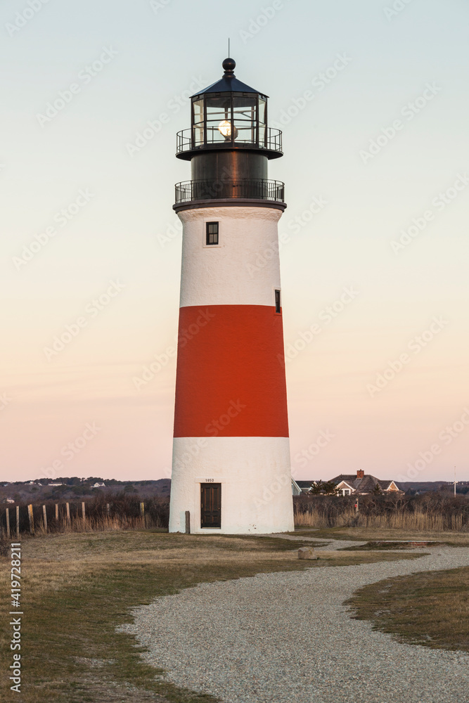 USA, Massachusetts, Nantucket Island. Sankaty, Sankaty Head Lighthouse at dawn.