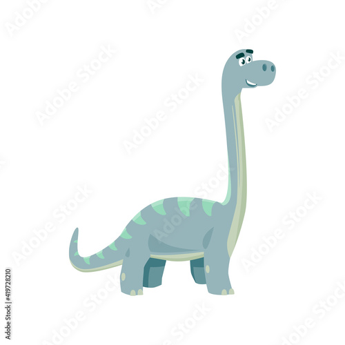 Brontosaurus isolated cartoon tyrannosaurus kids toy  robot model. Vector blue childish dino  dinosaur animal Apatosaurus species Brontosaurus excelsus. Big lizard  cartoon style dino with long neck