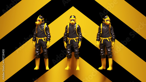 Yellow Black 3 Hazmat Suit Ravers with Yellow an Black Chevron Background 3d illustration render