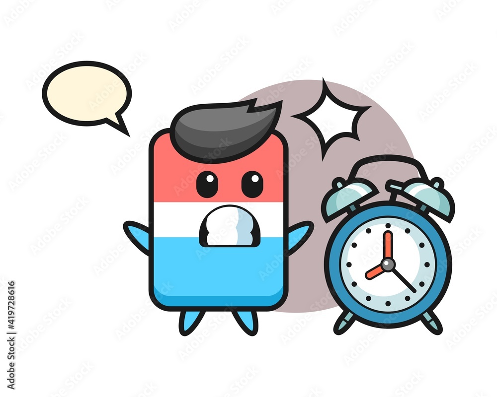 Cartoon illustration of eraser is surprised with a giant alarm clock Cartoon illustration of eraser is surprised with a giant alarm clock