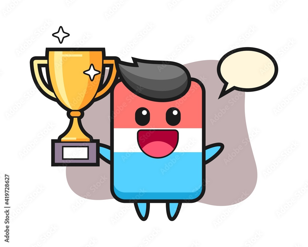 Cartoon illustration of eraser is happy holding up the golden trophy Cartoon illustration of eraser is happy holding up the golden trophy